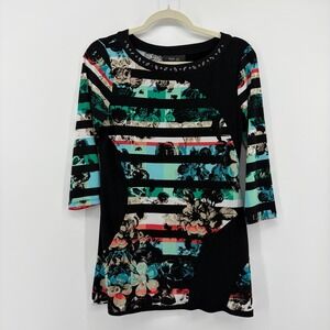 Style & Co Womens PS Black Multi‎ Top Floral Stripe Studded 3/4 Sleeve Blouse